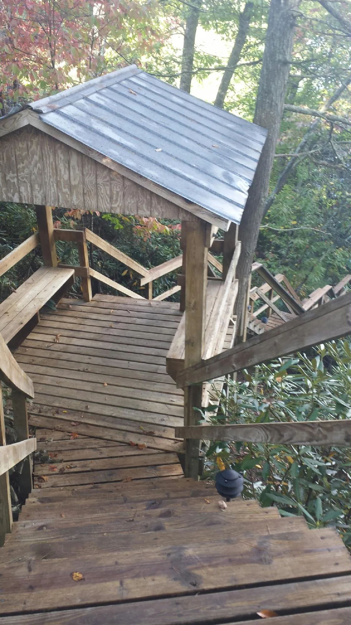 Metal roofed shelter over wooden steps on a wooded walkway — Skylight Repair & Installation work by our crew in Mottville